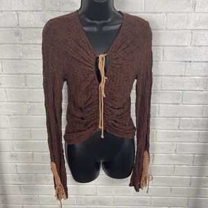Free People Lilah Lace Top Womens M Brown Ruched Keyhole Tie Front Crochet Cuffs